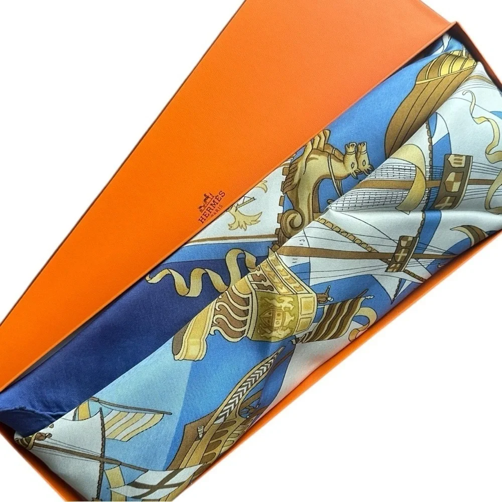 Hermès “Armada” Carre 90 Classic Blue & Gold Ships Nautical Silk Scarf w/Box